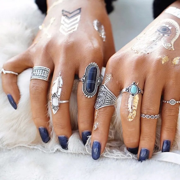 Jewelry - 8pc BOHO RING SET SILVER carved TRIBAL blue stone